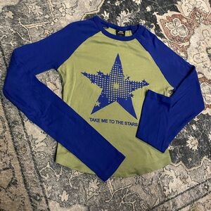 Urban Outfitters Blue and Green Long Sleeve Tee with Star Graphic